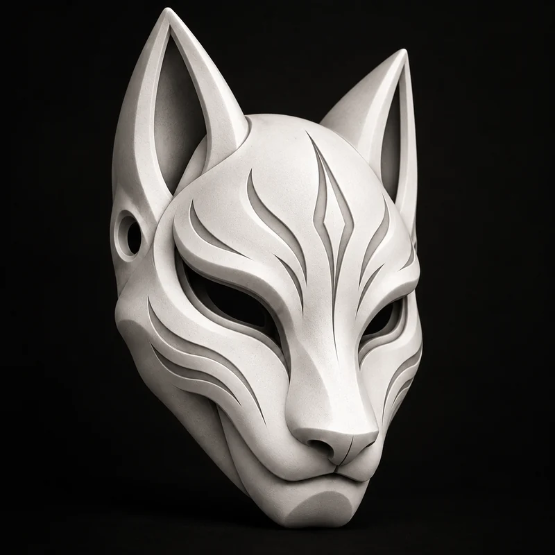 Kitsune en blanco, vista tres cuartos